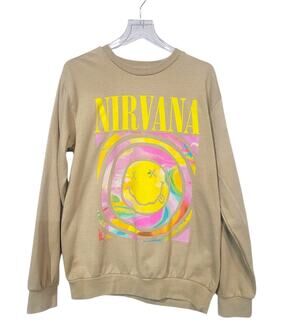 Nirvana WMS LG Graphic Sweatshirt Melting Smiley Face Psychedellic Oversized Tan